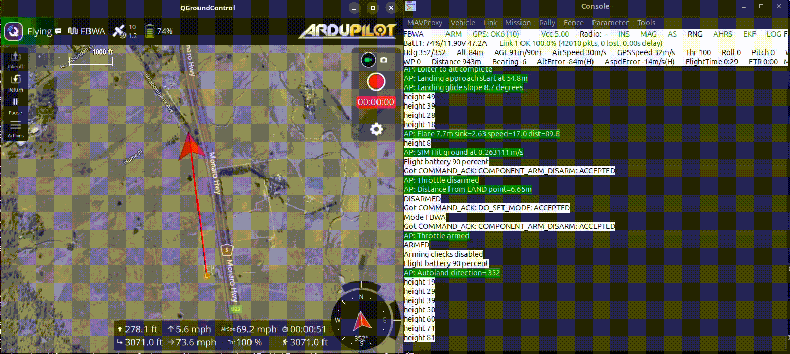 QGroundControl interface showing a flying drone’s landing approach with telemetry data and mission waypoints displayed on an aerial map.