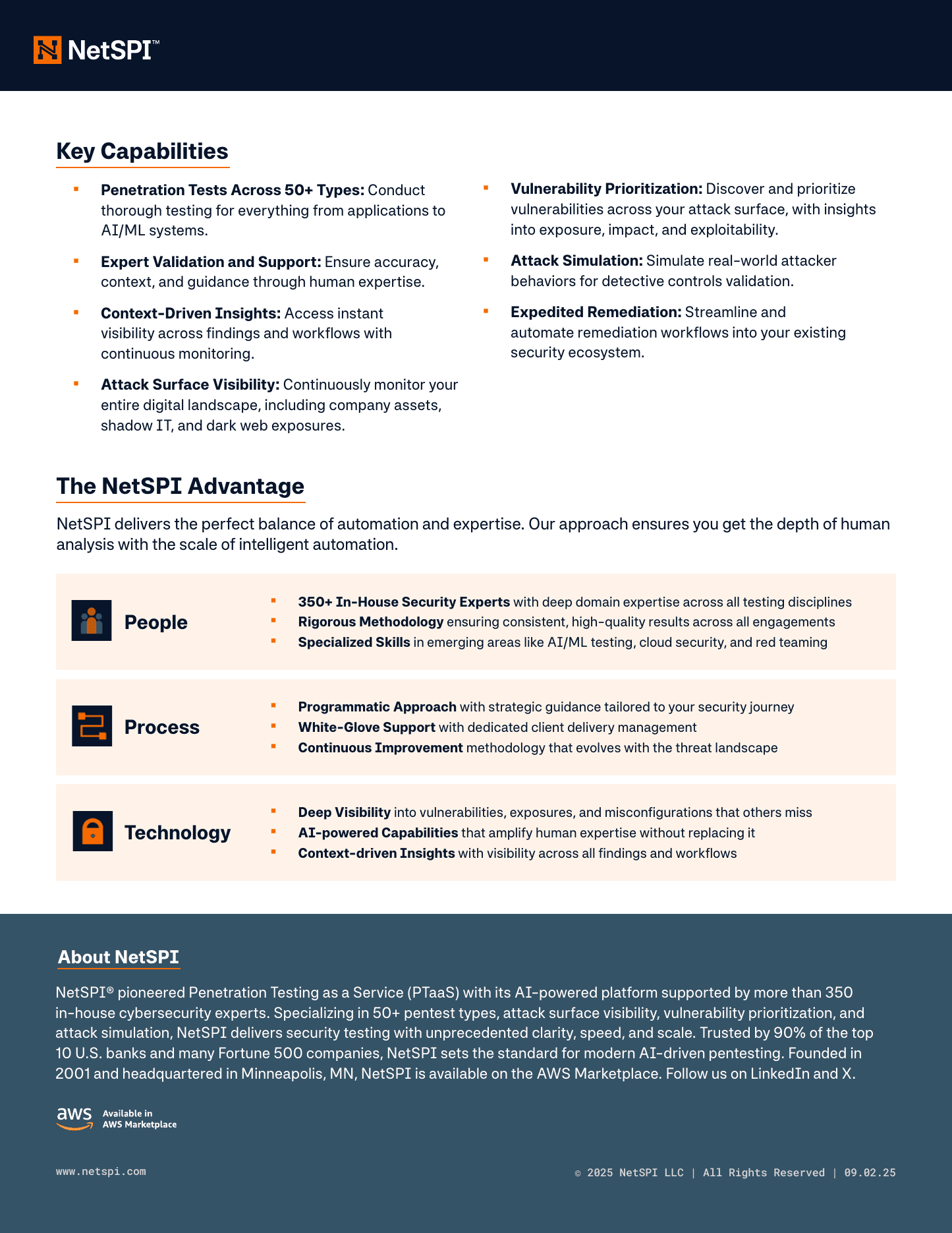NetSPI official PTaaS key-capabilities page covering expert validation, attack-surface visibility, prioritization, simulation, and remediation