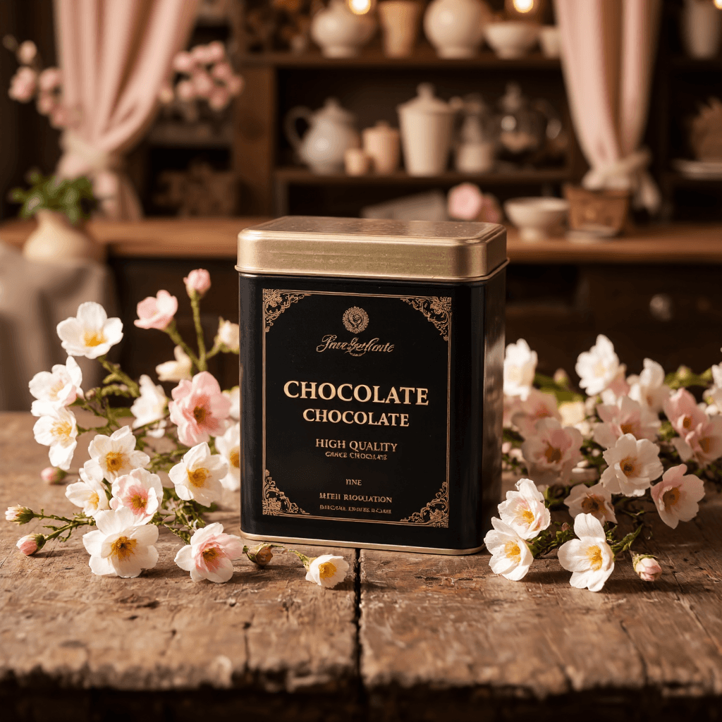 product photography of a tin of high-quality chocolate