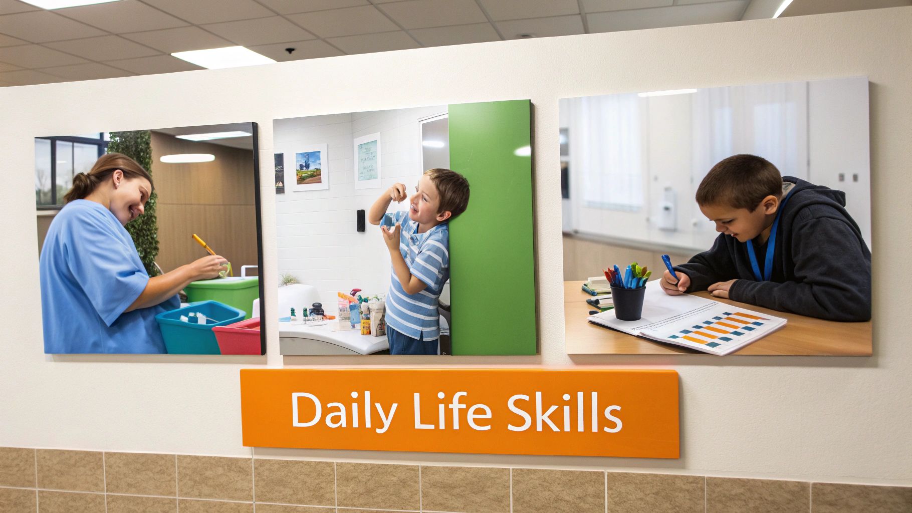 Three pictures on a wall showcase daily life skills: a woman organizing, a boy doing self-care, and another boy studying.