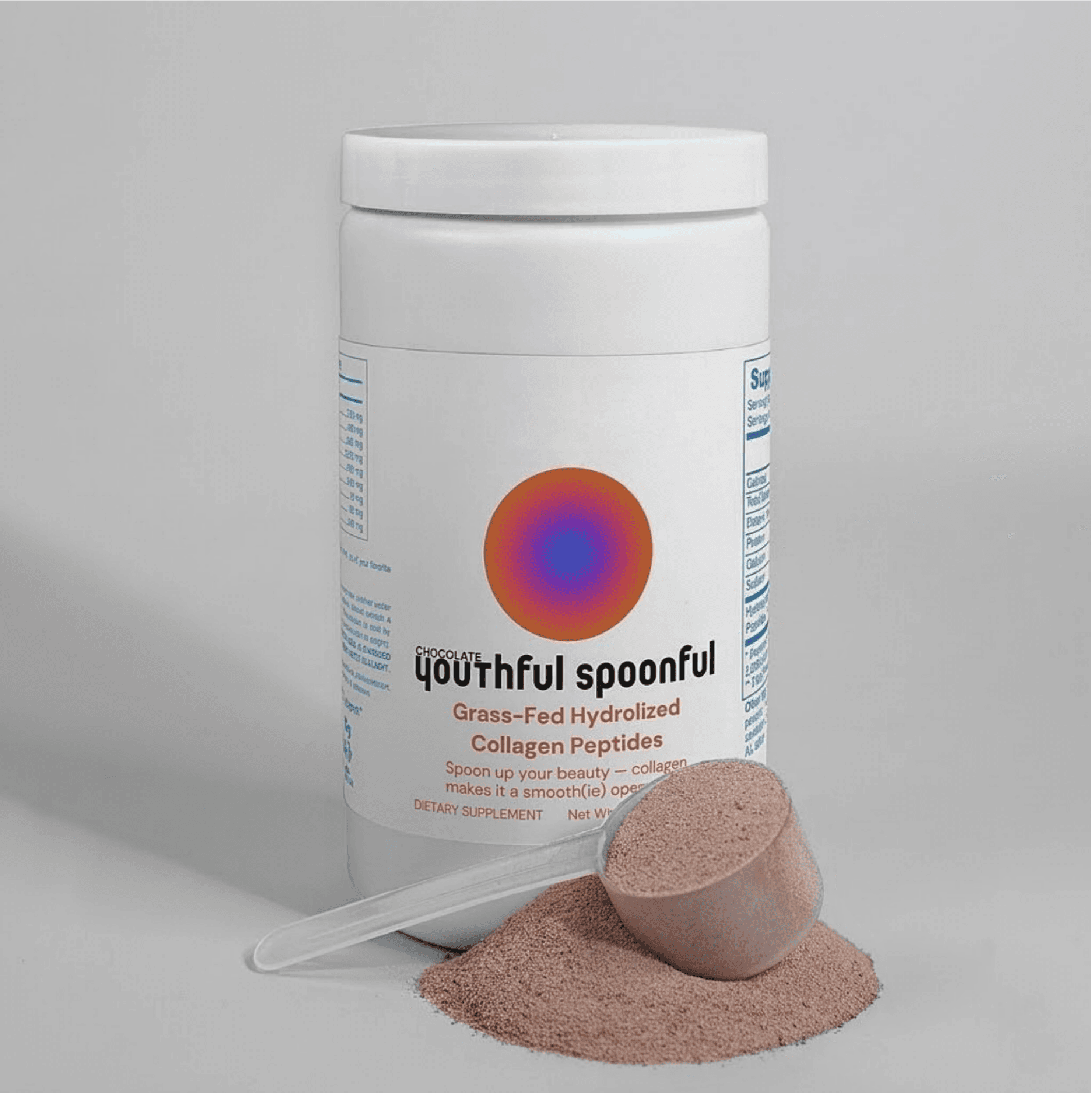 A white container labeled "Youthful Spoonful" contains chocolate collagen peptides. A scoop of the brown powder spills in front, on a gray background.