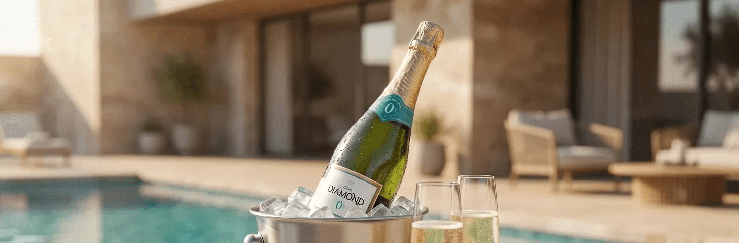 Botella de Gran Diamond 0% sin alcohol en una hielera con dos copas de espumoso junto a una alberca al atardecer