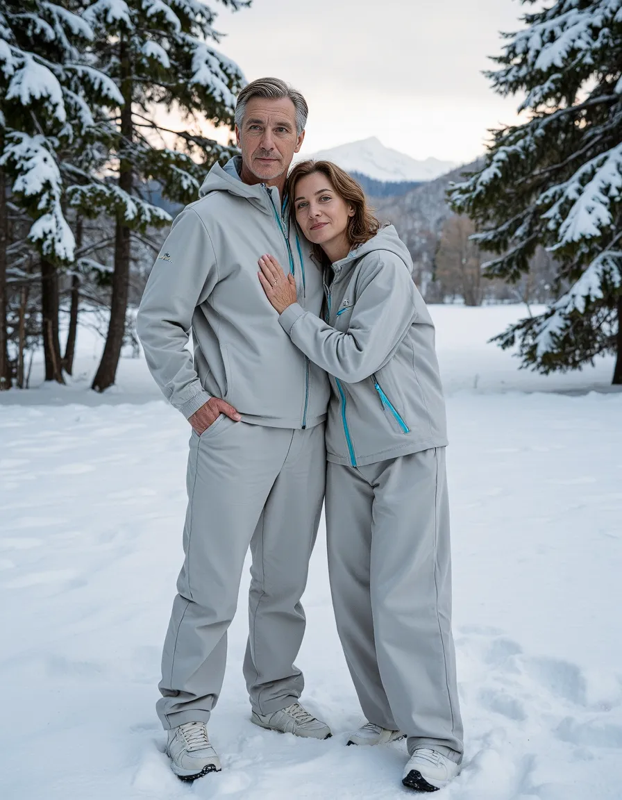 Couple in matching light gray outfits standing in snowy winter landscape with evergreen trees and mountains in background