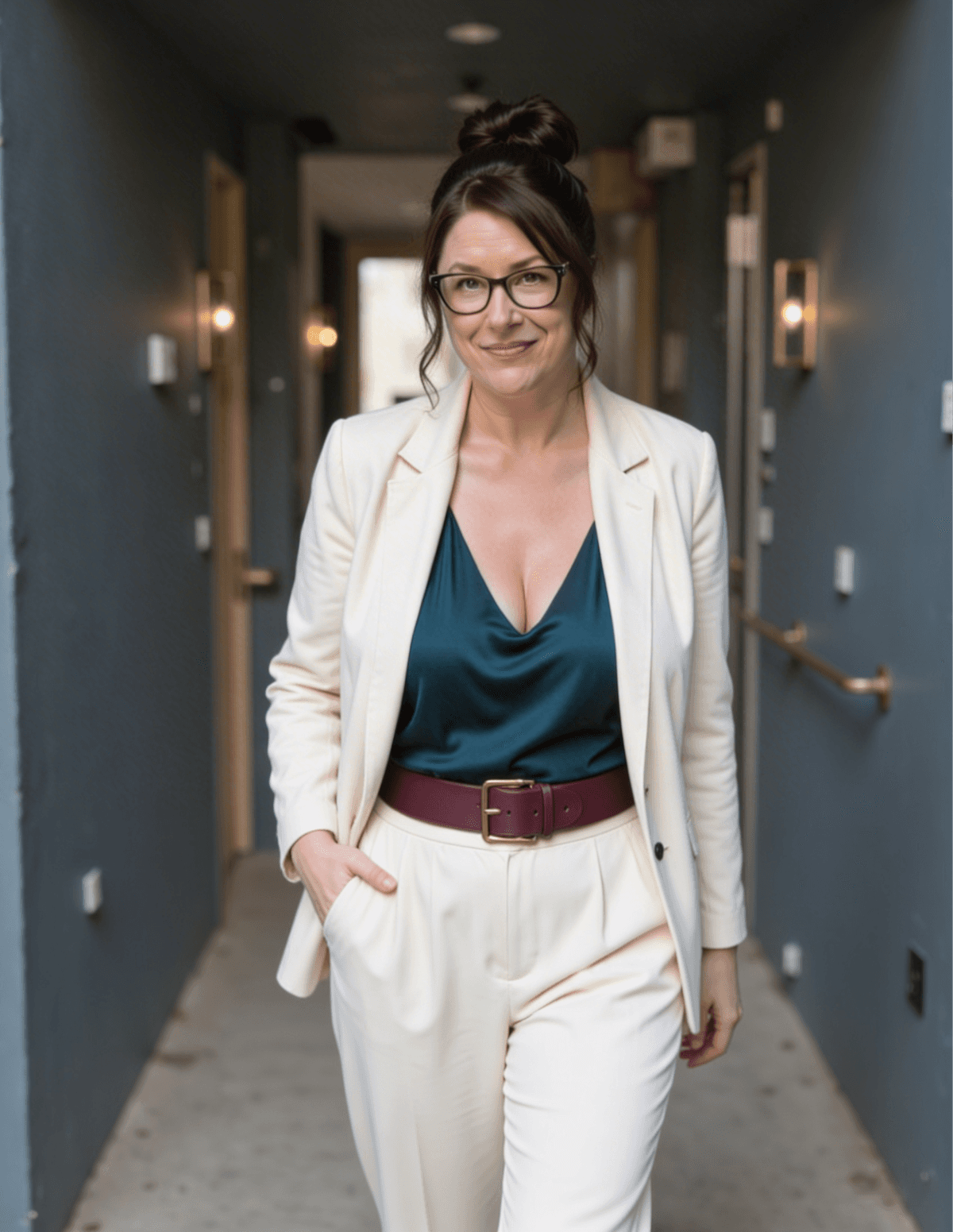Woman in cream suit walking confidently down hallway, smiling at camera with hands in pockets.