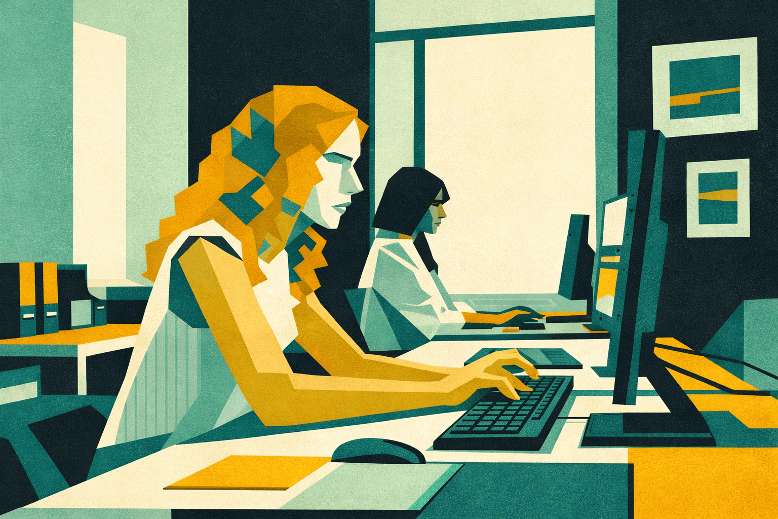 Giovani professioniste al computer impegnate in attività operative, alle prese con le prime esperienze lavorative dopo l’università