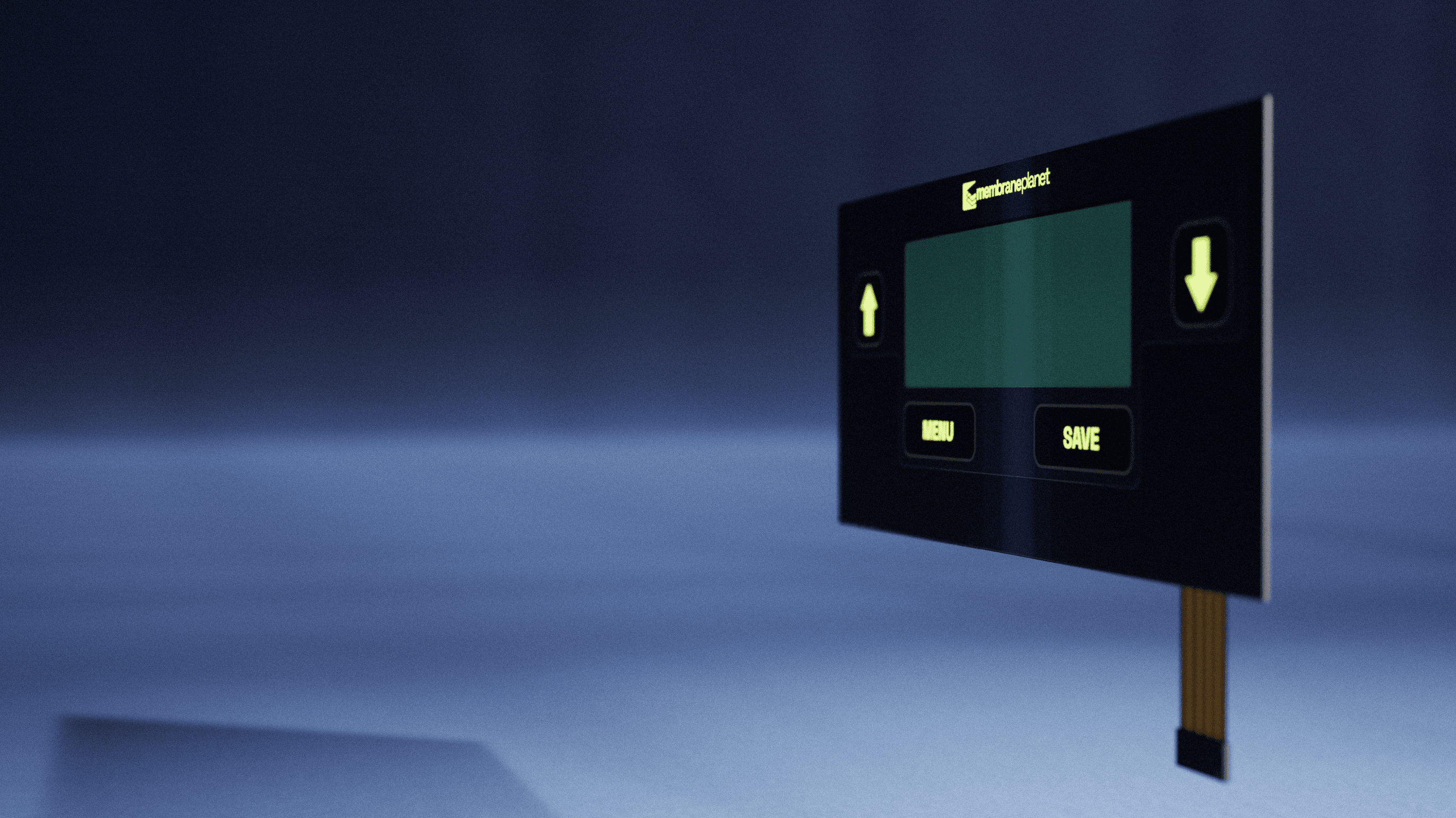 Membrane panel featuring an embedded LCD display showing digital output