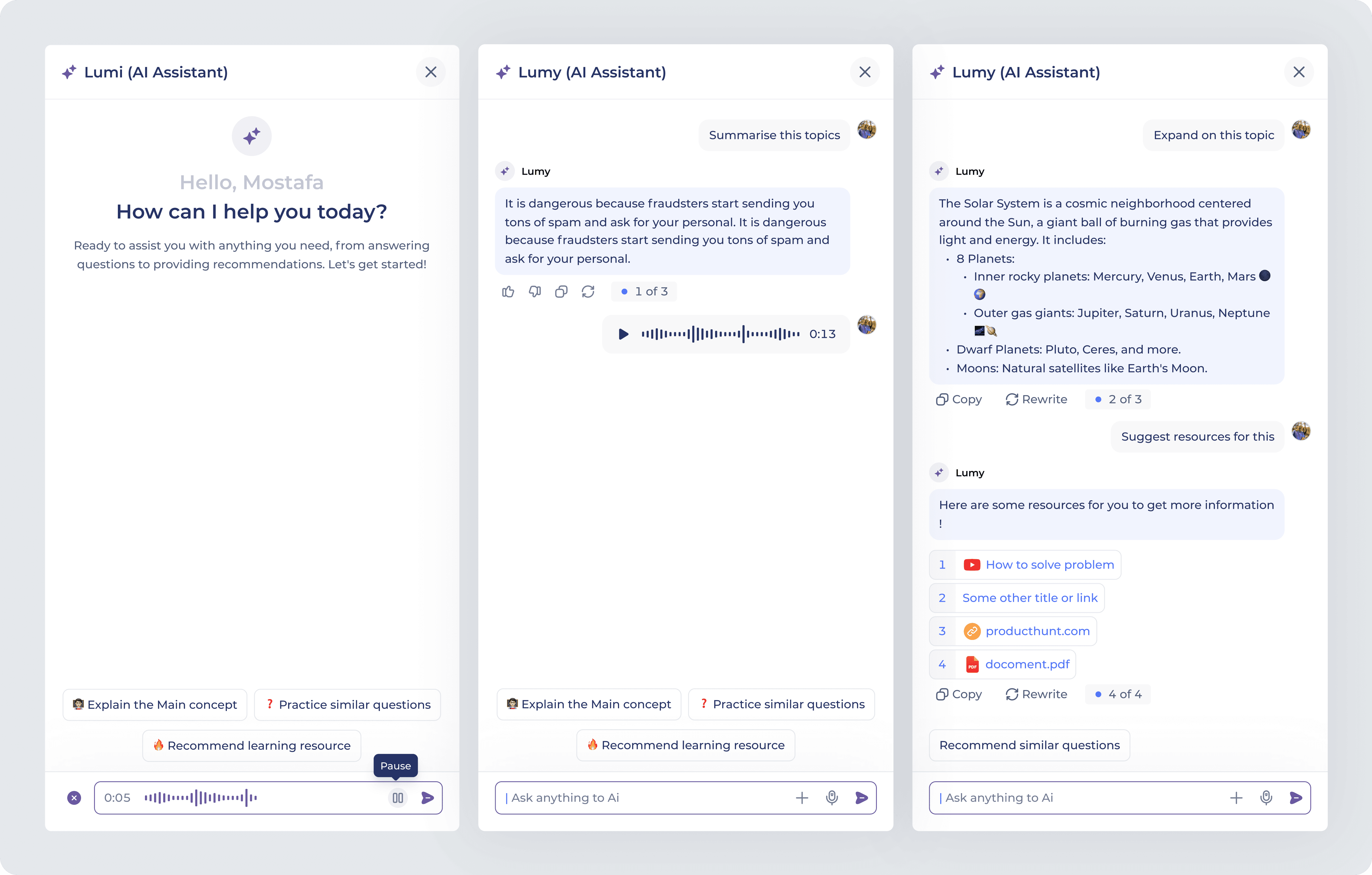 Lumy AI Assistant interface displaying welcome screen, topic summarization, AI-generated explanations, voice interaction, and recommended learning resources within the student workspace.