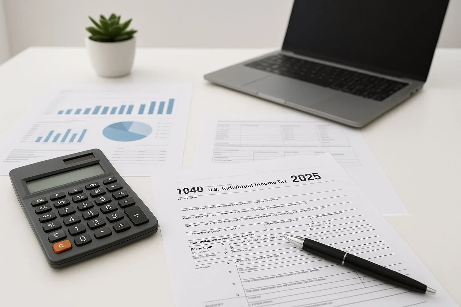 Modern desk with financial documents, a calculator, and a U.S. tax form labeled 2025, symbolizing updated tax changes.