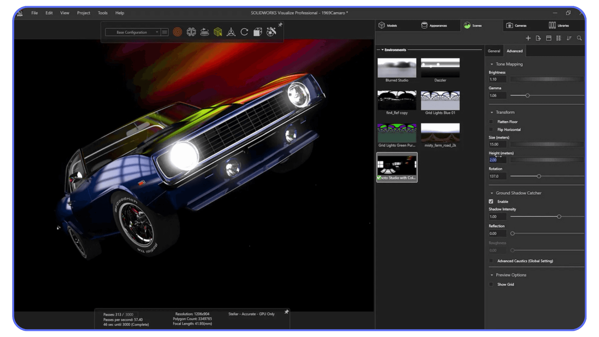 SolidWorks Visualize render of a blue classic car under dramatic colored lighting, demonstrating tone mapping and environment effects.