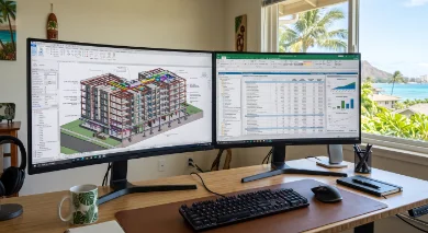 Dual monitors showing a BIM building model and a cost estimate spreadsheet in a Honolulu home office.