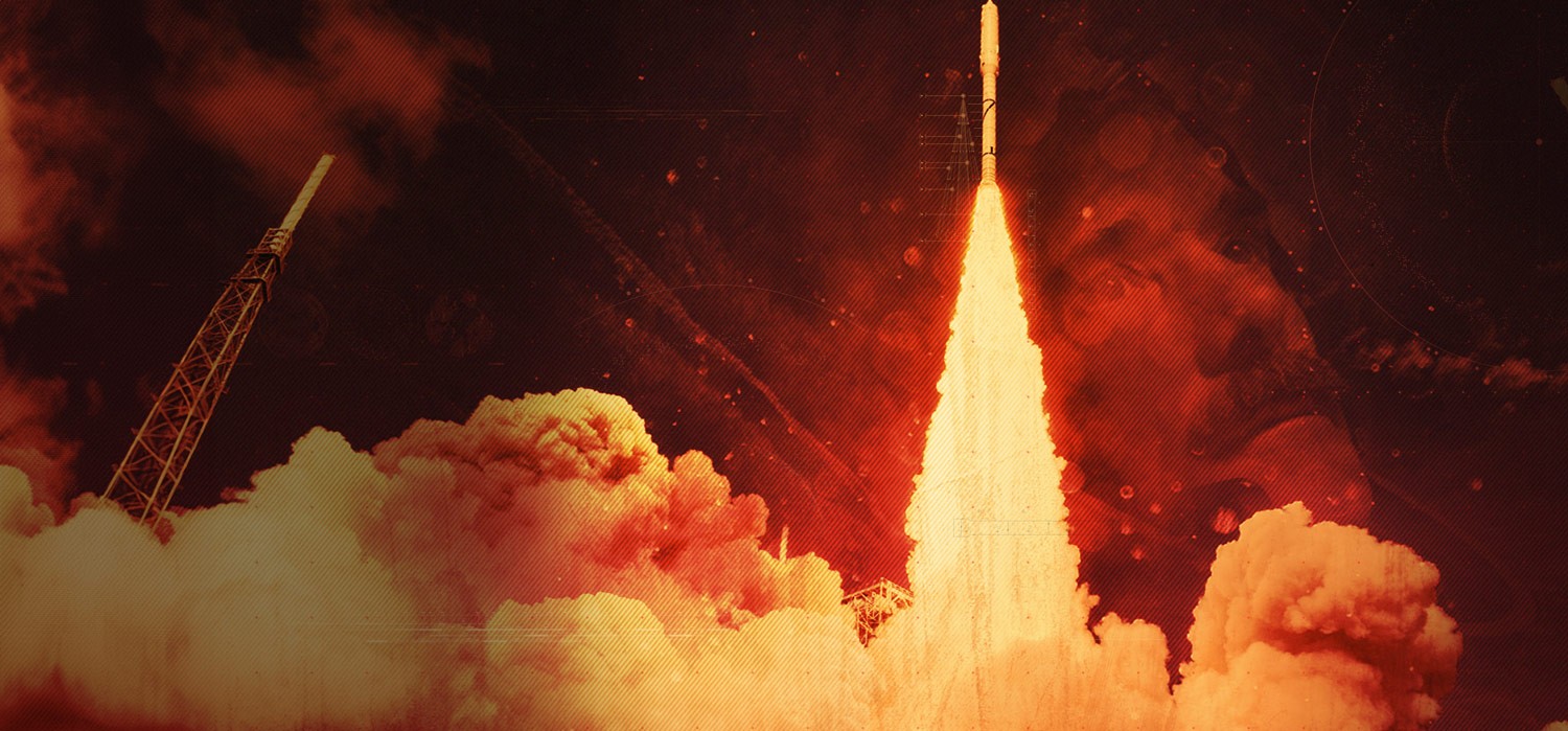 A piece of digital art by Richard Payne, featuring a stylized depiction of a space launch with bold and dynamic visual elements.