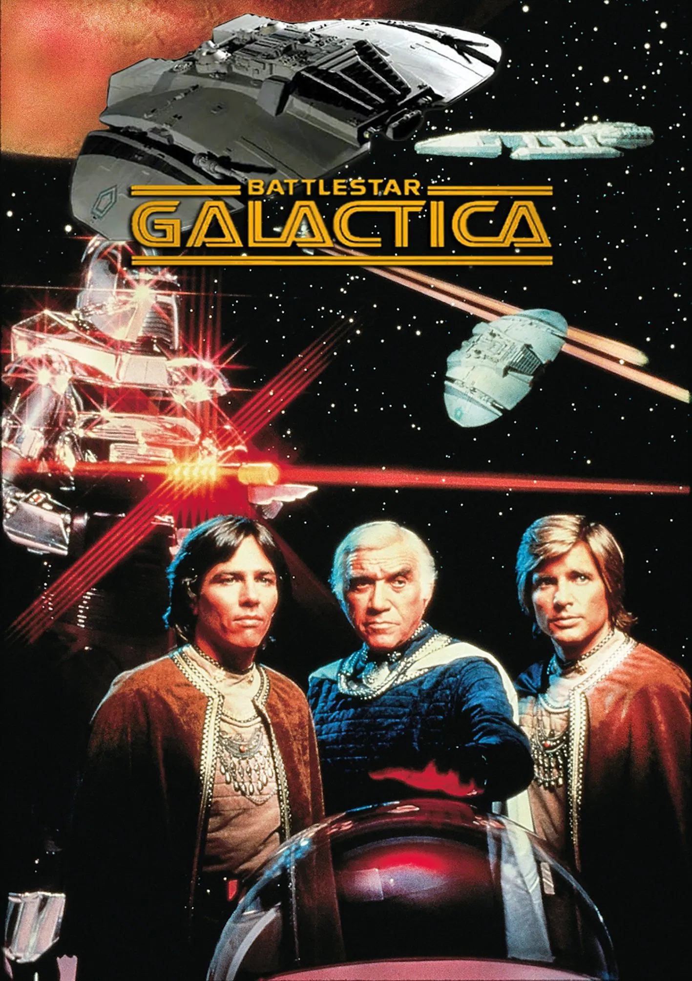 Poster for "Battlestar Galactica" featuring three main characters in futuristic clothing, with spaceships and a glowing red-eyed robot in the backdrop, capturing a sci-fi adventure theme.