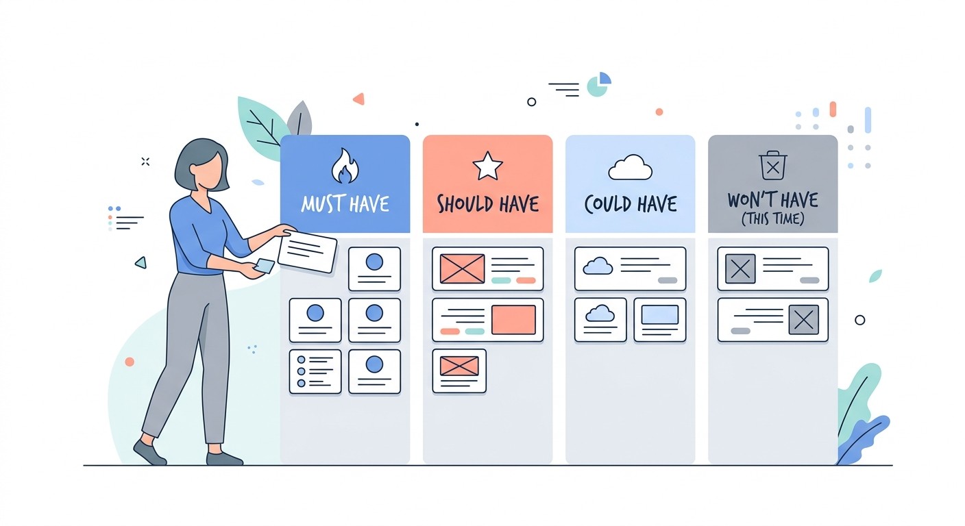 MoSCoW method board sorting app features into Must-have, Should-have, Could-have, and Won't-have columns for an MVP.