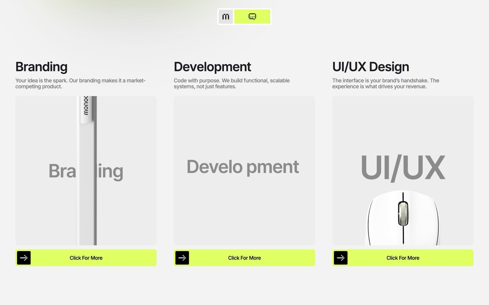This image showcases a modern website interface with three sections: Branding, Development, and UI/UX Design, each featuring minimalistic icons, descriptive text, and a "Click for More" button, highlighted by a bright neon green theme.