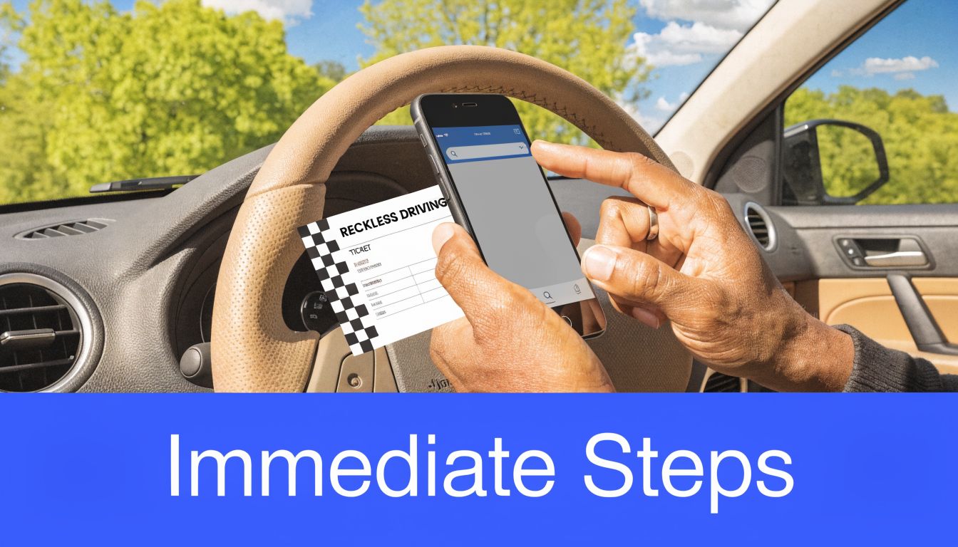A person driving a car looking up information on a smartphone about a reckless driving ticket.