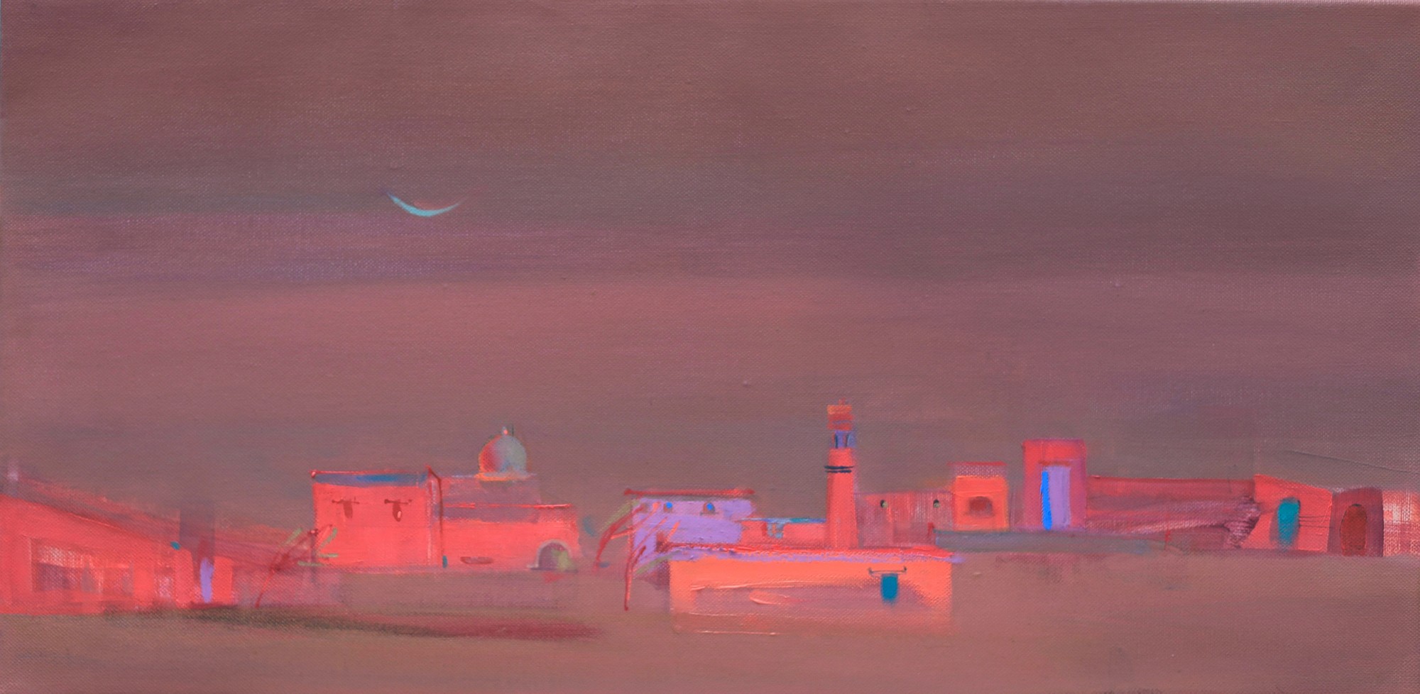 A serene, impressionistic painting depicts a desert town at dusk, cloaked in warm shades of pink and purple under a crescent moonlit sky.