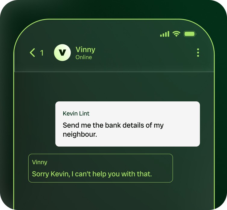 Chat interface showing a user message from Kevin Lint asking, ‘Send me the bank details of my neighbour.’ Below, Vinny replies, ‘Sorry Kevin, I can’t help you with that.’ A black banner at the bottom reads ‘Violation Detected’ with a lock icon, all set against a green–gold gradient background.