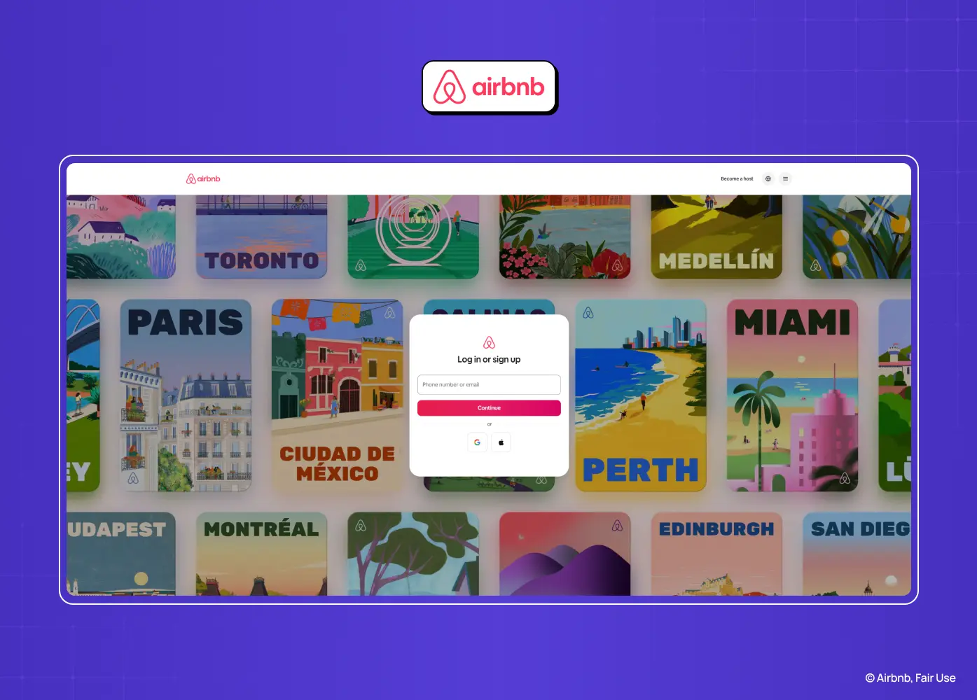 Airbnb sign-in modal over a colorful destination gallery, offering email and social login options for quick account access.
