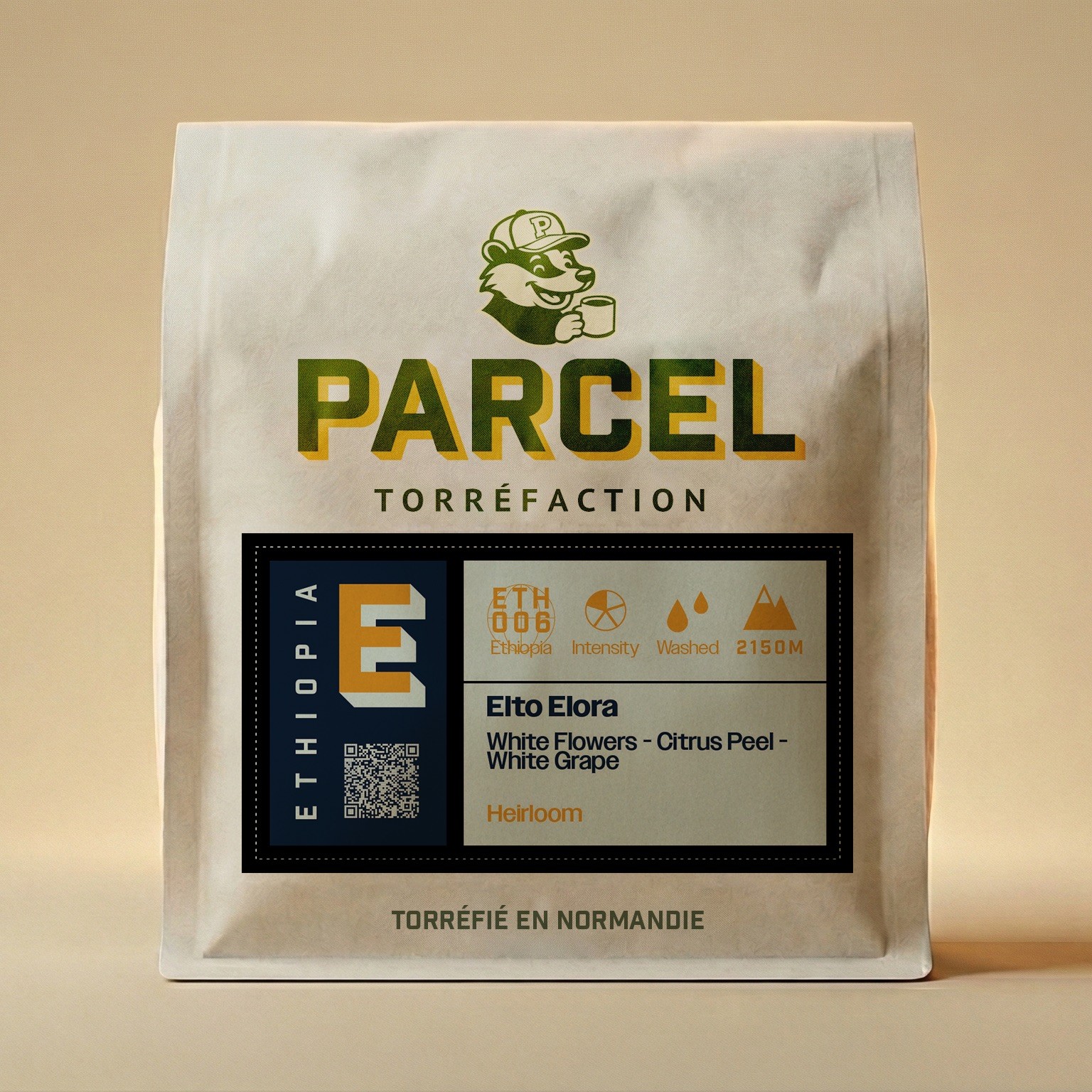 Parcel Torréfaction Ethiopia Elto Elora coffee packaging showing white flowers, citrus peel, and white grape tasting notes using heirloom varietal beans, clear and accessible for visually-assisted browsing.