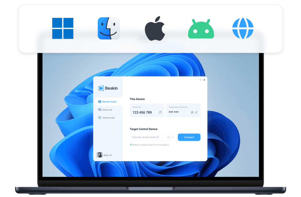 DeskIn file transfer interface displaying seamless file sharing between PC, Mac, and mobile devices.
