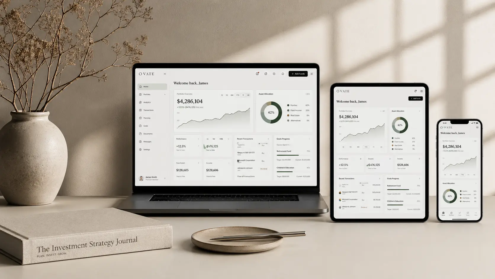 A minimalist multi-device mockup featuring a laptop, tablet, and smartphone displaying a unified digital product design ecosystem.