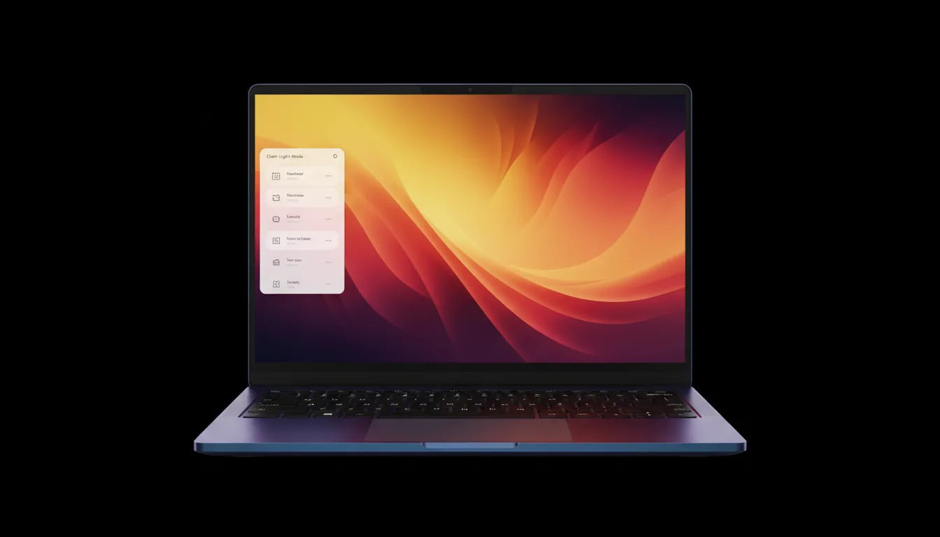 High-resolution studio product photography of a modern, open laptop with a dark iridescent purple-blue metallic finish, positioned against a solid black background. The screen is on, displaying a Clean Light Mode operating system with a left sidebar showing various widgets with placeholder UI elements. The desktop wallpaper is a vibrant abstract gradient of yellow, red, and orange. The image is captured with soft studio lighting, putting the entire laptop in sharp, crisp focus with no shadows.