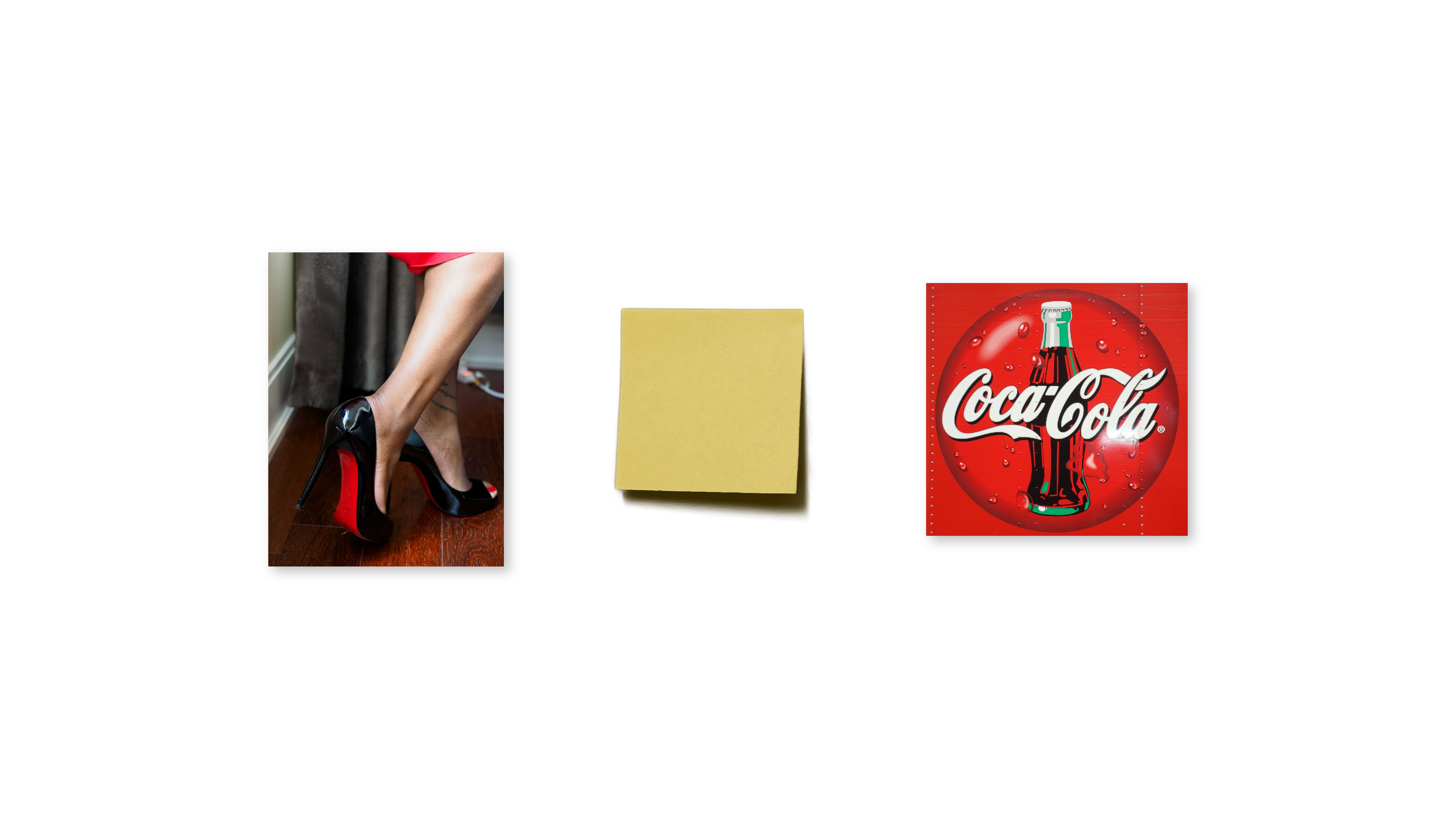 Christian Louboutin heels, a yellow Post-it note, and a Coca-Cola sign shown as examples of signature brand colors.