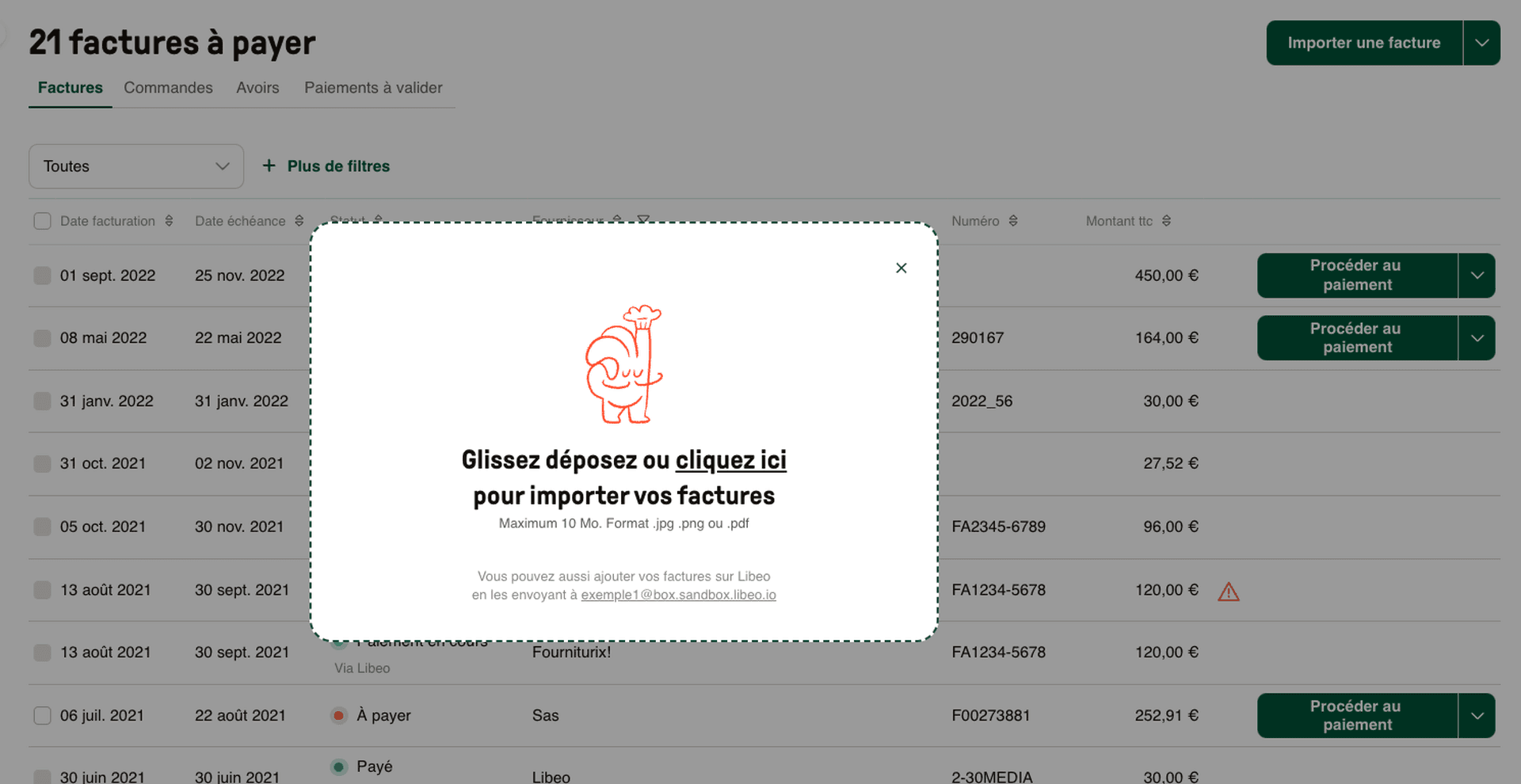 Importer une facture drag and drop