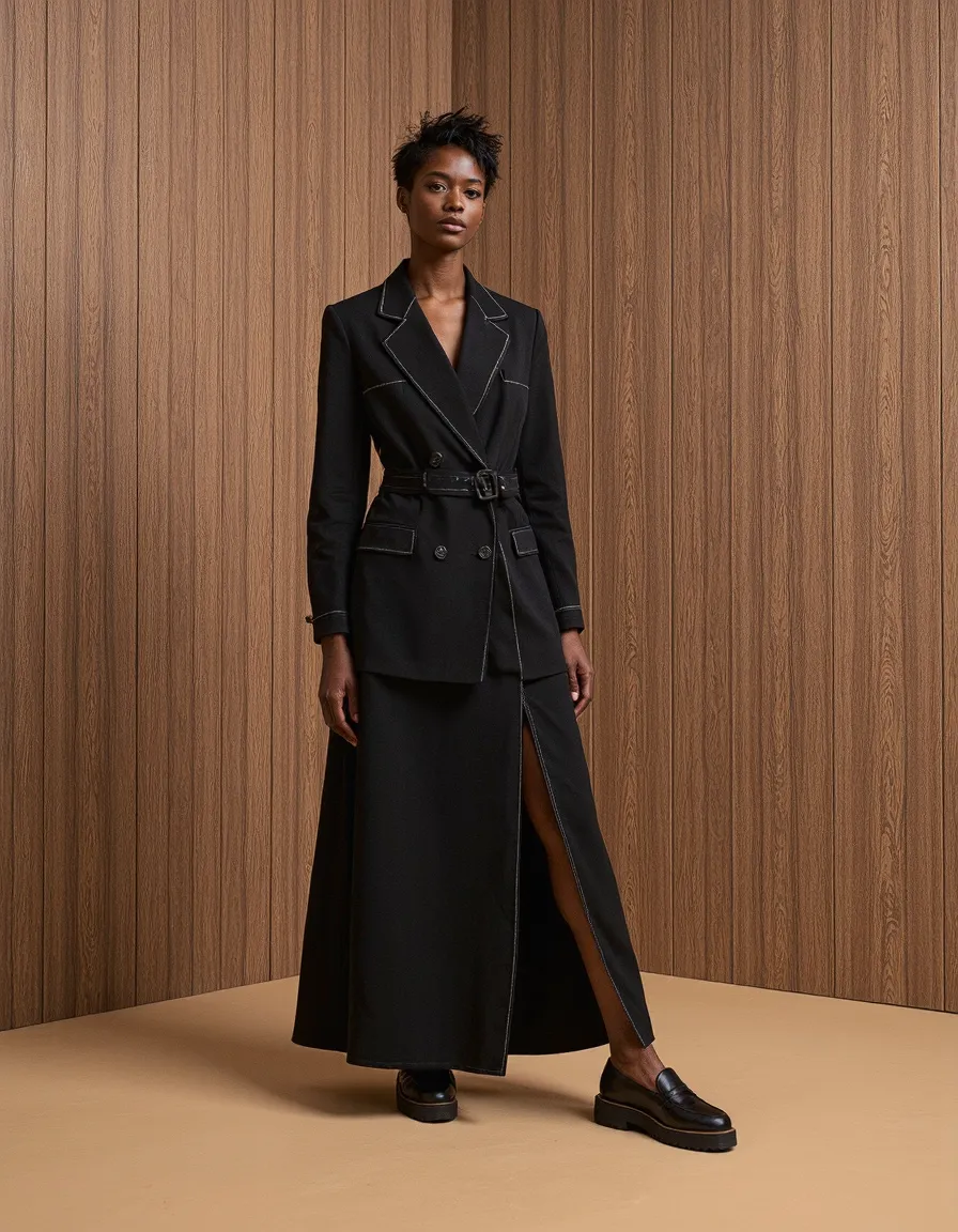 Model in black belted blazer and maxi skirt against wooden panel backdrop, professional fashion photography
