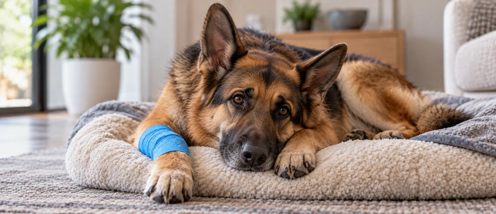 German shepherd resting on a dog bed with a bandaged front leg.