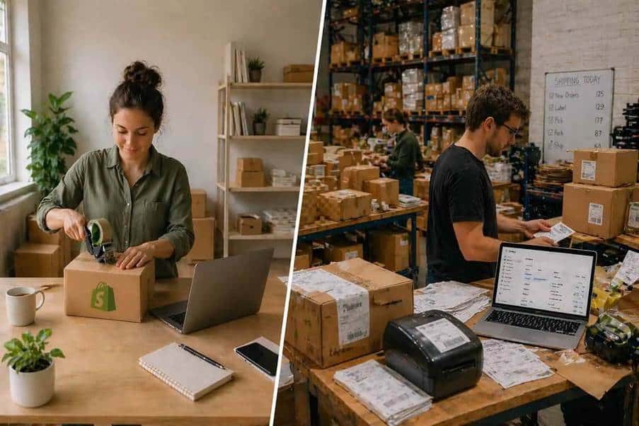 Dos imágenes de dos emprendedores trabajando con paquetes y etiquetas de envío de Shopify.