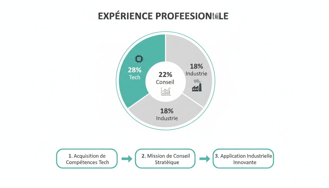 Diagramme d'expérience professionnelle : répartition Tech, Conseil, Industrie et étapes de développement de compétences.