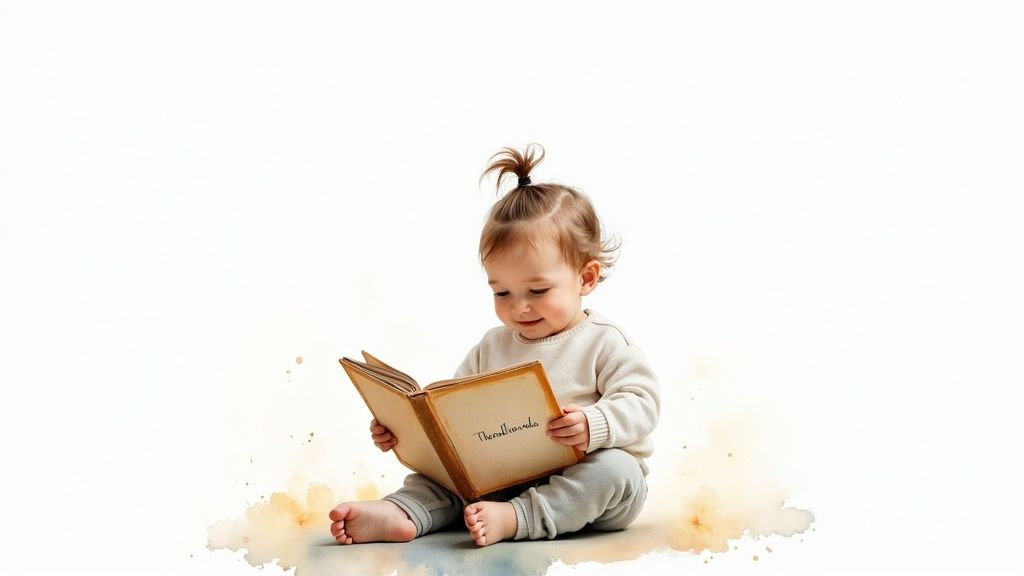 Smiling toddler with ponytail sitting and reading a personalized baby name book