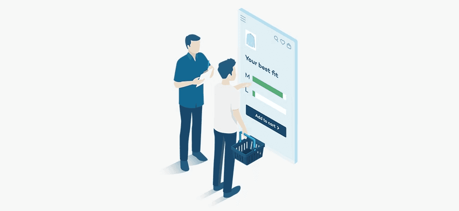 isometric graphic of a man and a shopping comsultant getting a size recommendation