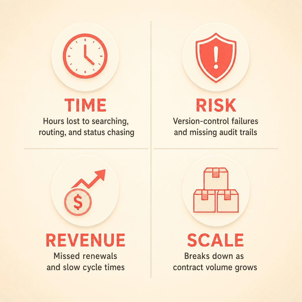 Diagram of the four hidden costs of manual contract management: time, risk, revenue, and scale