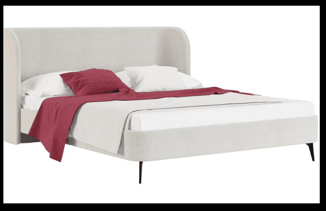 Beige upholstered bed with curved headboard and black legs.