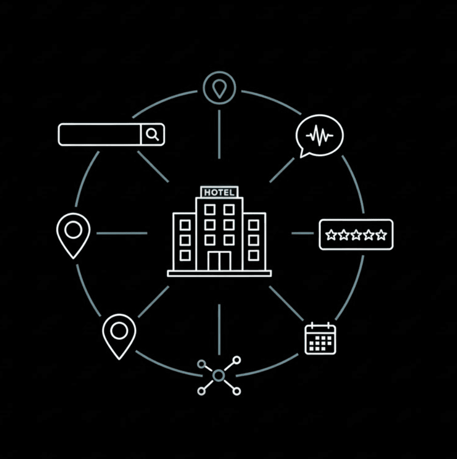 Modern, minimal illustration on dark background showing a hotel building icon connected to multiple search interface elements (search bar, AI chat bubble, map pin, star rating). Use muted blue accent color against black. Clean lines, flat design, no text in image. Professional hospitality technology aesthetic. 