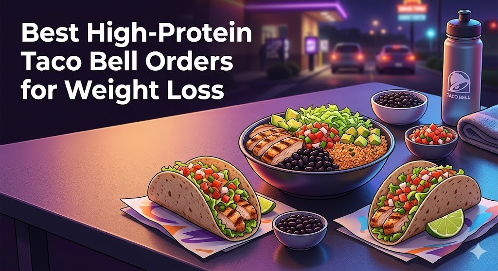 An illustration featuring high-protein Taco Bell items like the Cantina chicken bowl and grilled chicken tacos with fresh ingredients like avocado and pico de gallo, placed on a modern table in front of a nighttime drive-thru scene.