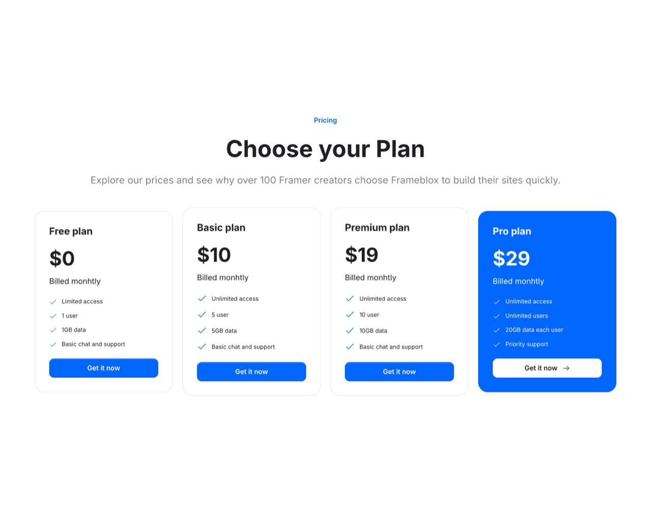 Framer Pricing Section - Frameblox UI