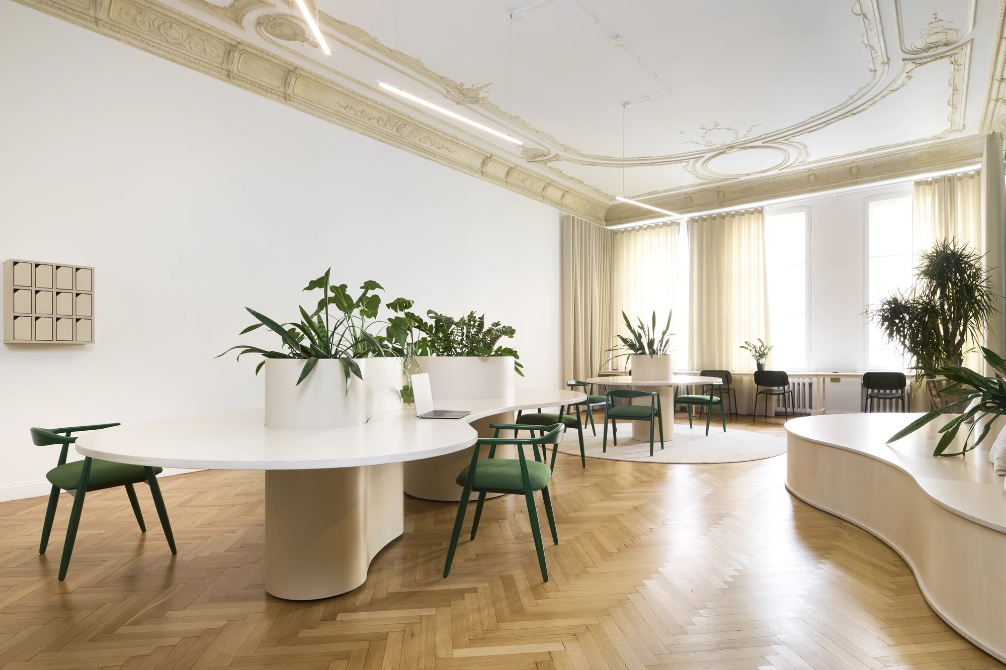 Period office room with ornate stucco ceiling, herringbone parquet, white kidney-shaped tables, dark green chairs and central planter.