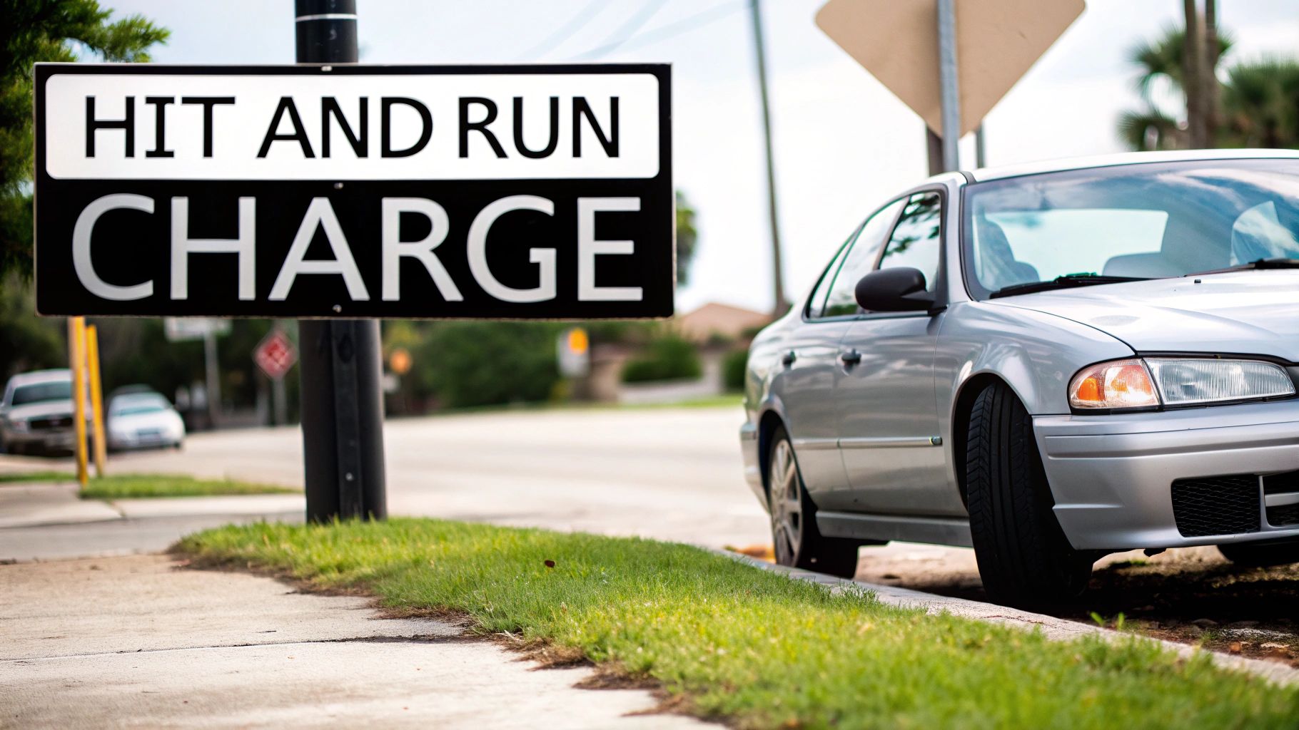 A clear street sign displaying 'HIT AND RUN CHARGE' next to a silver car parked on the street.