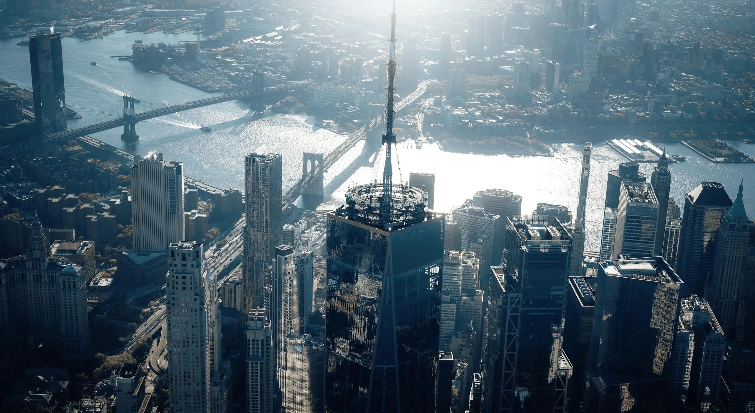 Aerial view of New York City skyline.