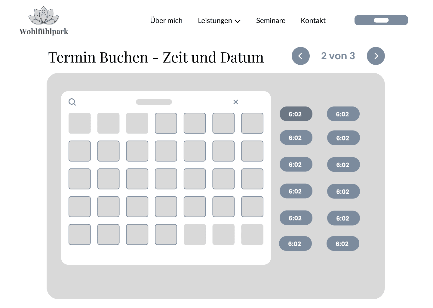 Wireframe von Desktop: Buchung Terminauswahl