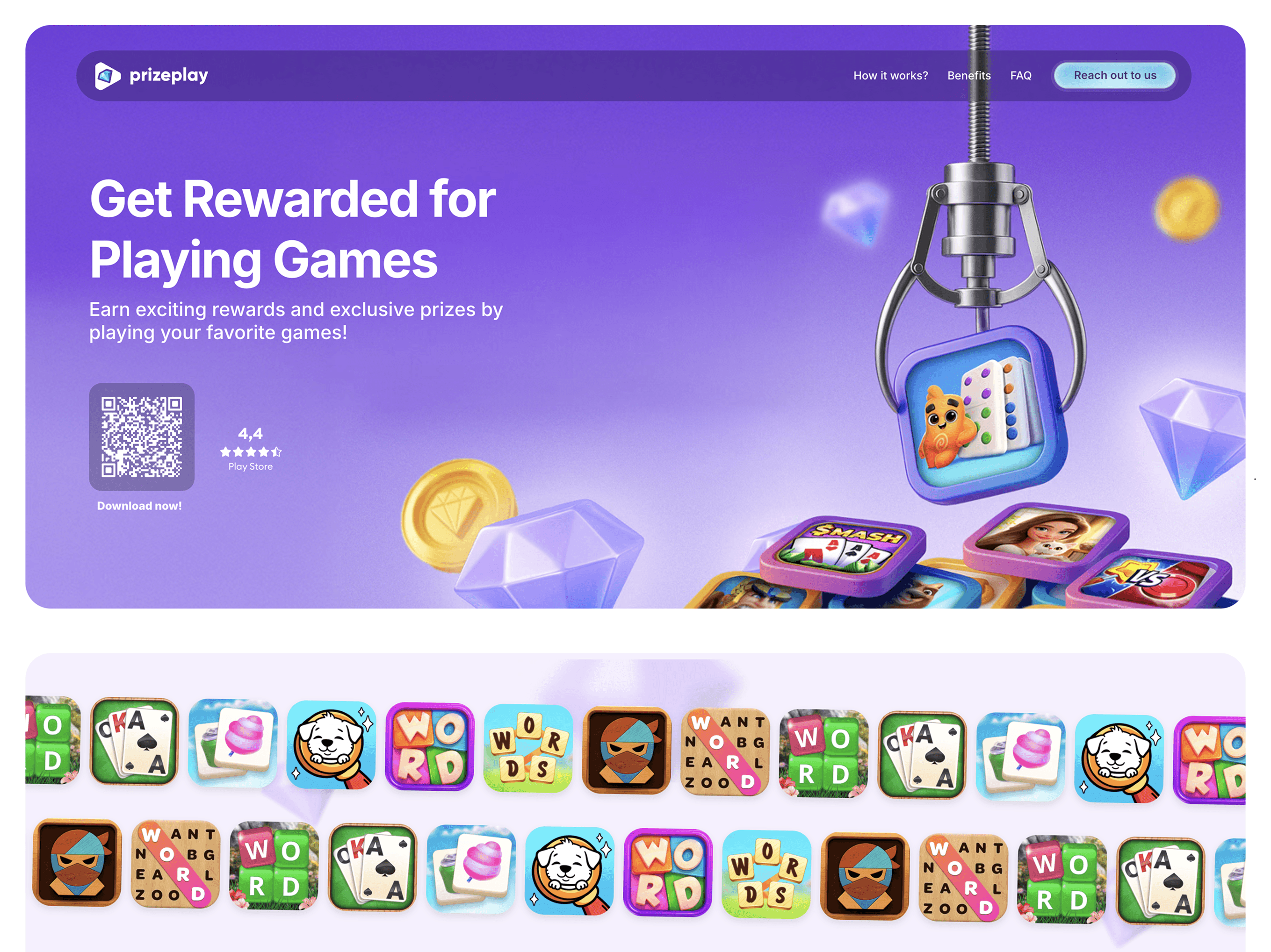 Pristajalna spletna stran mobilne aplikacije Prizeplay s QR kodo za prenos aplikacije