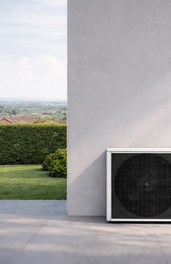 Unità esterna di pompa di calore installata su terrazza moderna con giardino e vista panoramica sul paesaggio.
