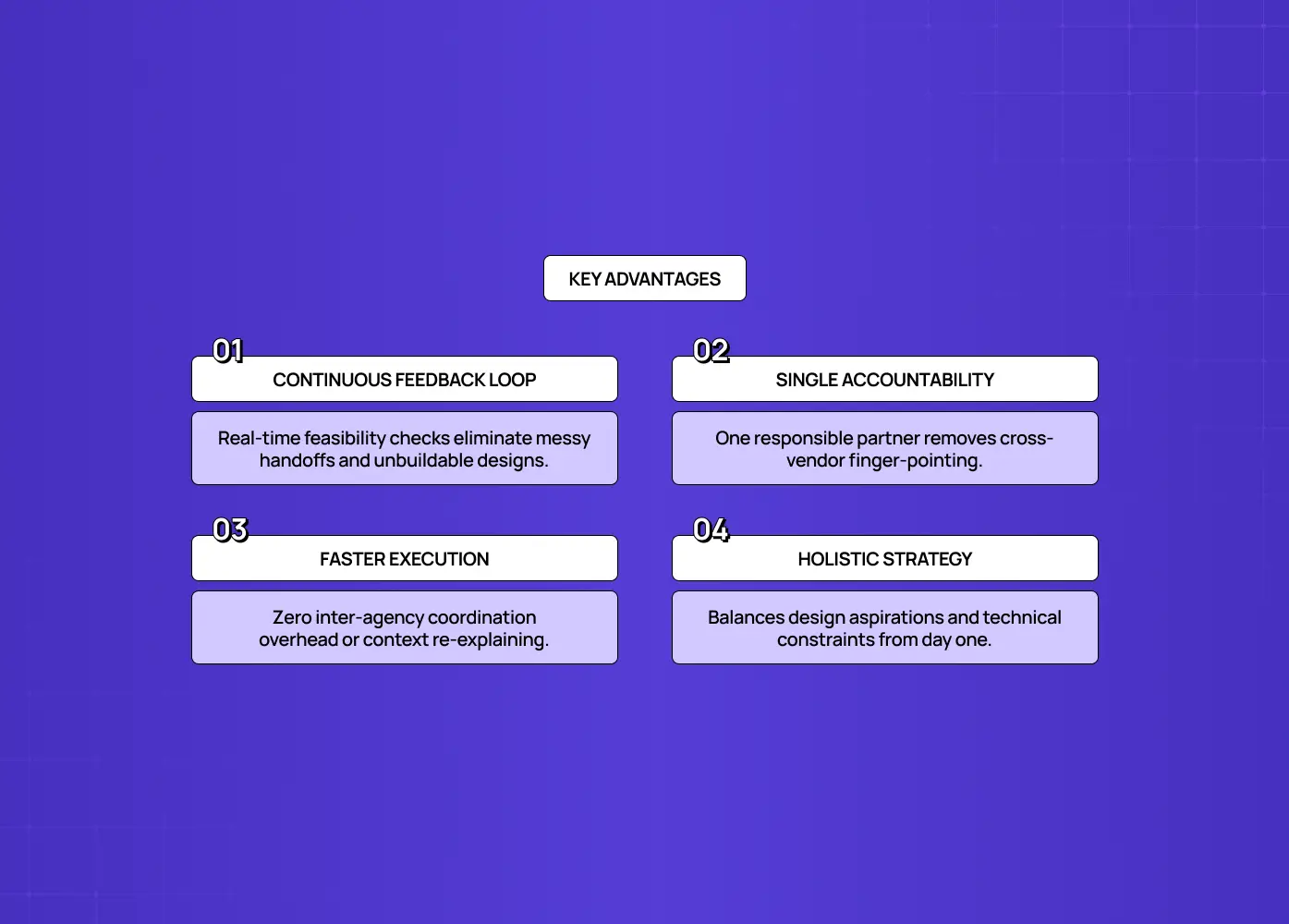 Four key advantages of a combined design-and-development vendor: continuous feedback, single accountability, faster execution, and holistic strategy. 