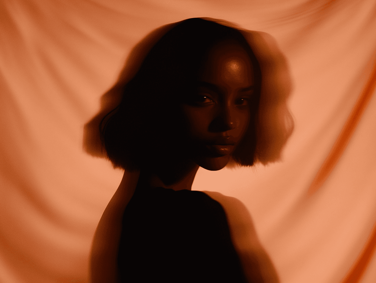 Portrait shot of a woman against a dark brown silk background