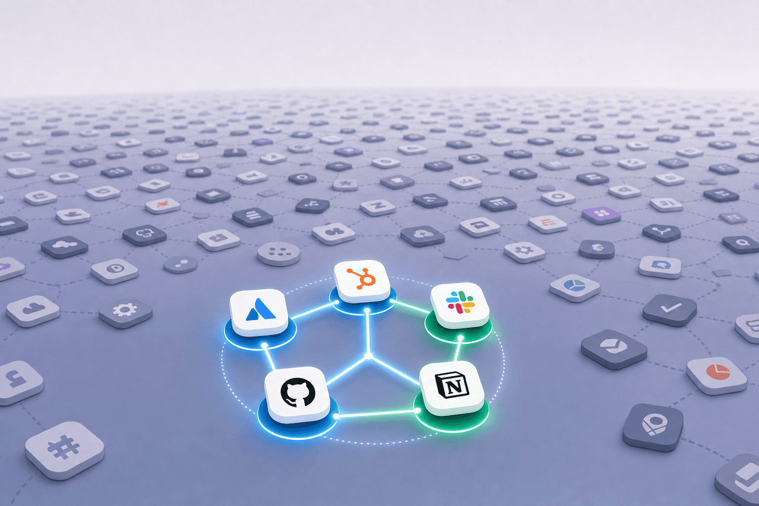 A modern, minimalist illustration showing a fragmented software ecosystem landscape. In the foreground, a small cluster of interconnected applications represented by glowing, connected nodes in blue and green. In the background, a vast scattered field of hundreds of disconnected application icons spread across the horizon in muted grays and purples, representing the long tail of SaaS applications. The contrast between the organized connected cluster and the chaotic scattered field should be clear. Clean, professional tech illustration style with depth and perspective, no text or labels.