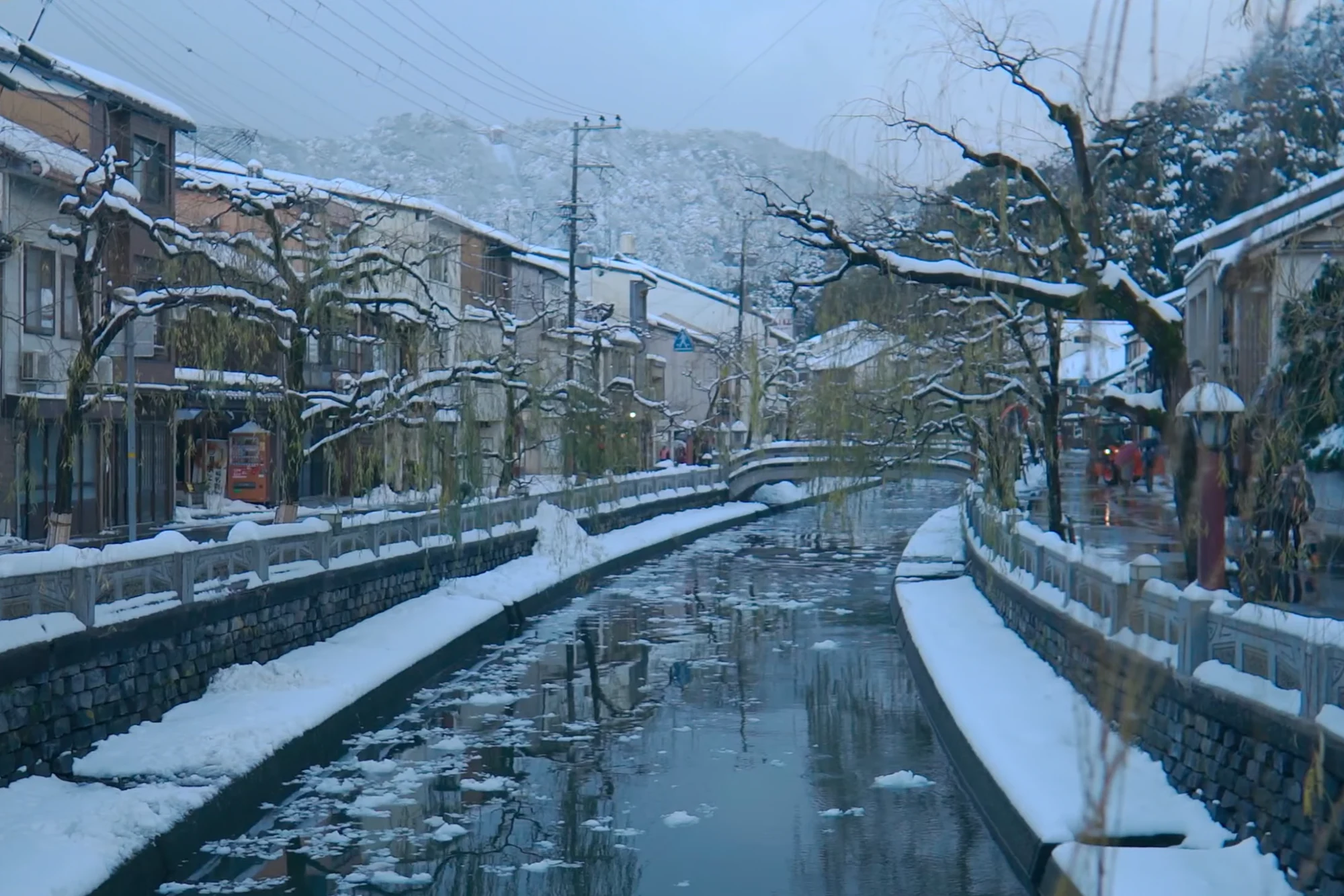 The Otani canal in Kinosaki under fresh snow, stone bridges and willow branches white along both banks.