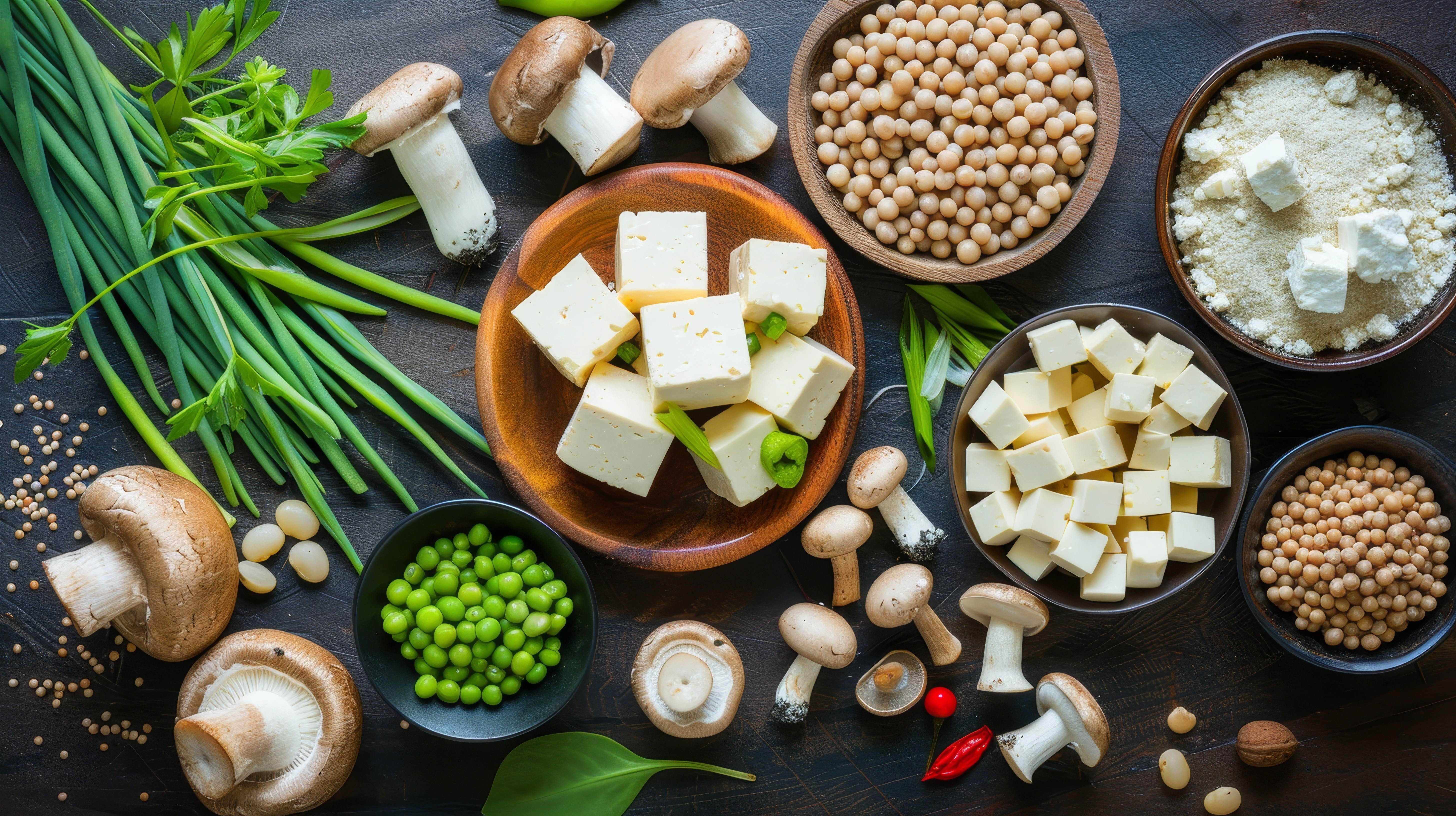 An assortment of food items, including tofu, mushrooms and grains.